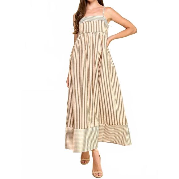 NEW PRETTY FOLLIES briva striped empire maxi dress in beige - Picture 1 of 4